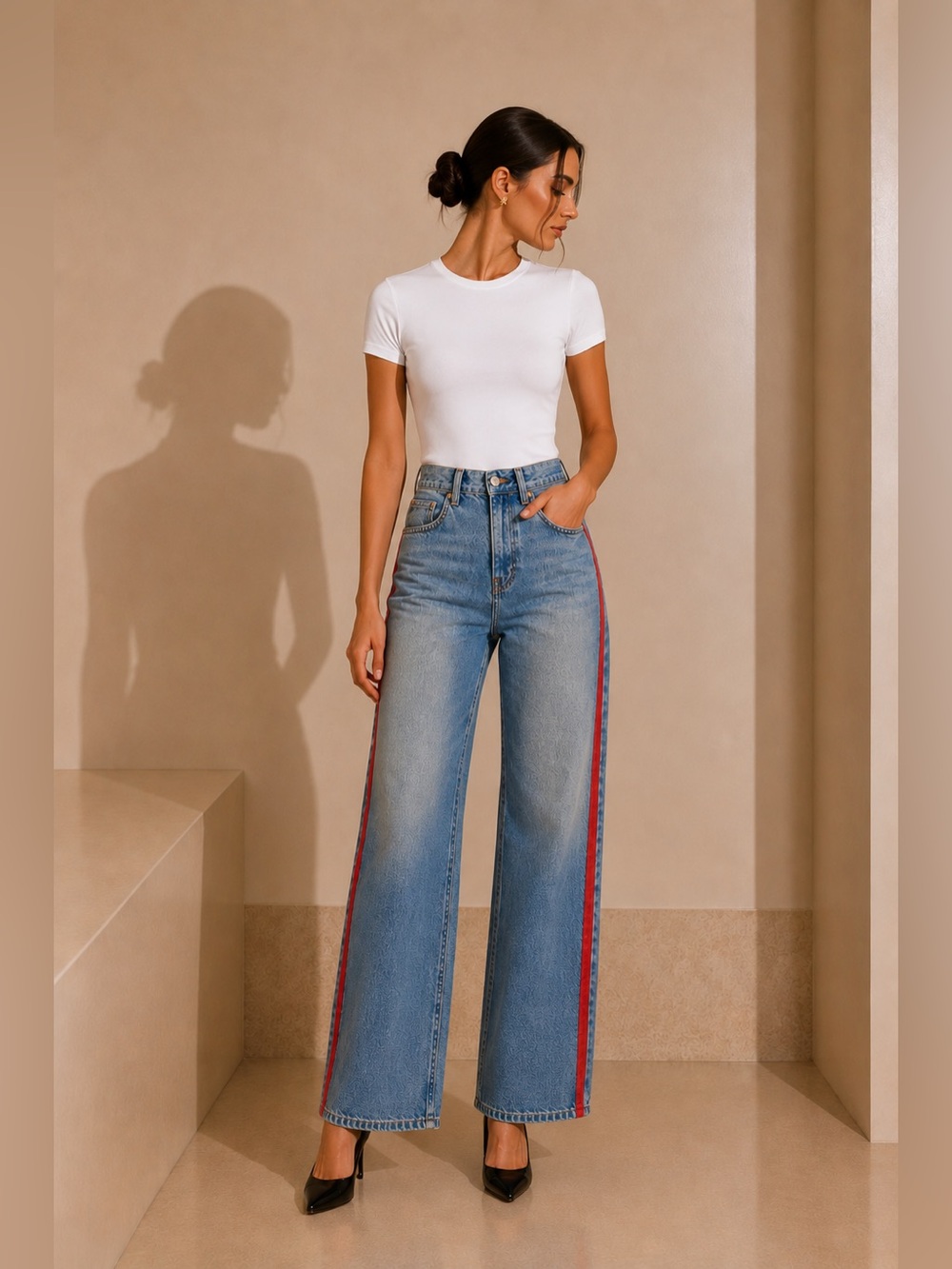 Commense Blue Denim Wide-Leg Jeans with Red Side Stripe